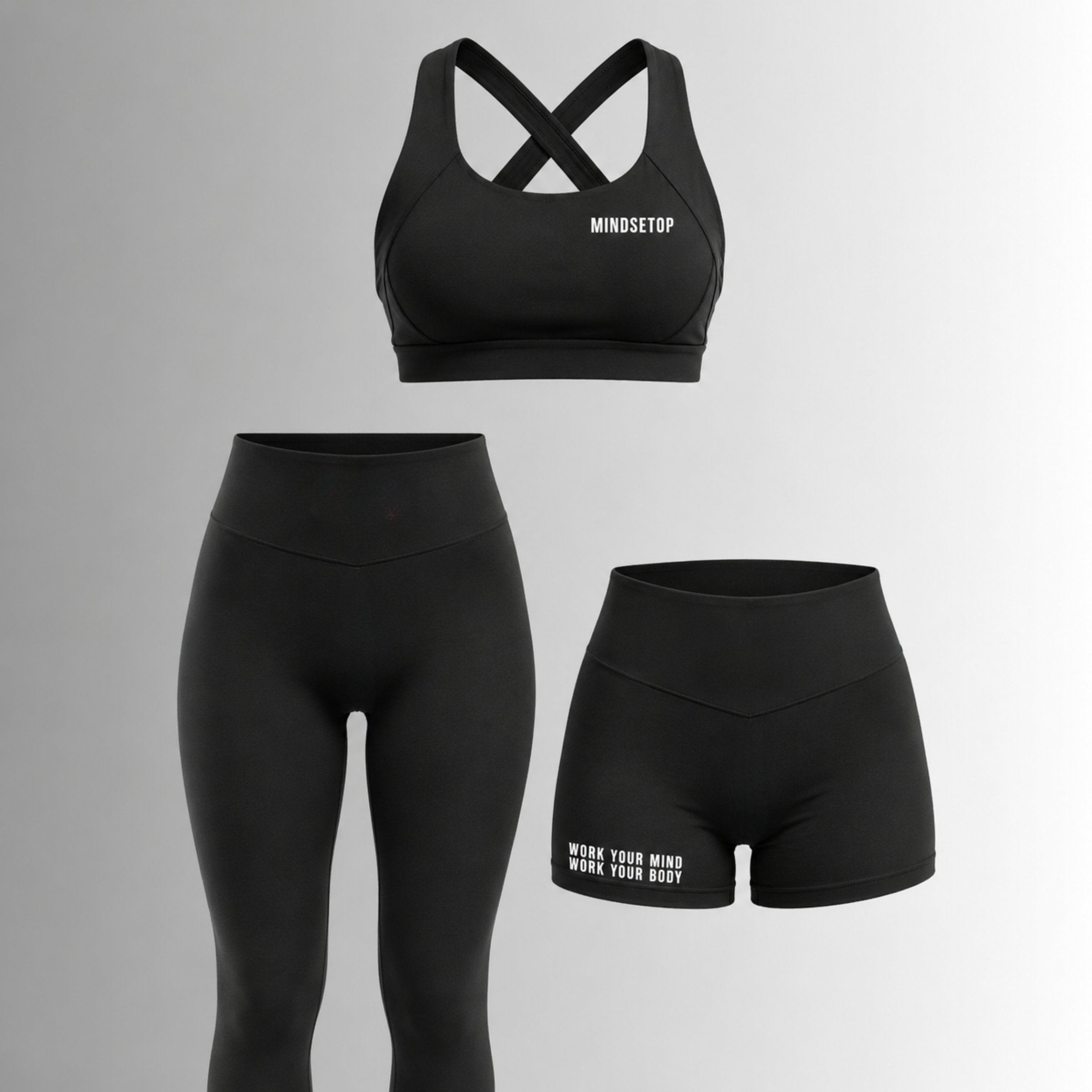 MINDSETOP BLACK SET: BRA SHORTS LEGGINGS (3PCS)