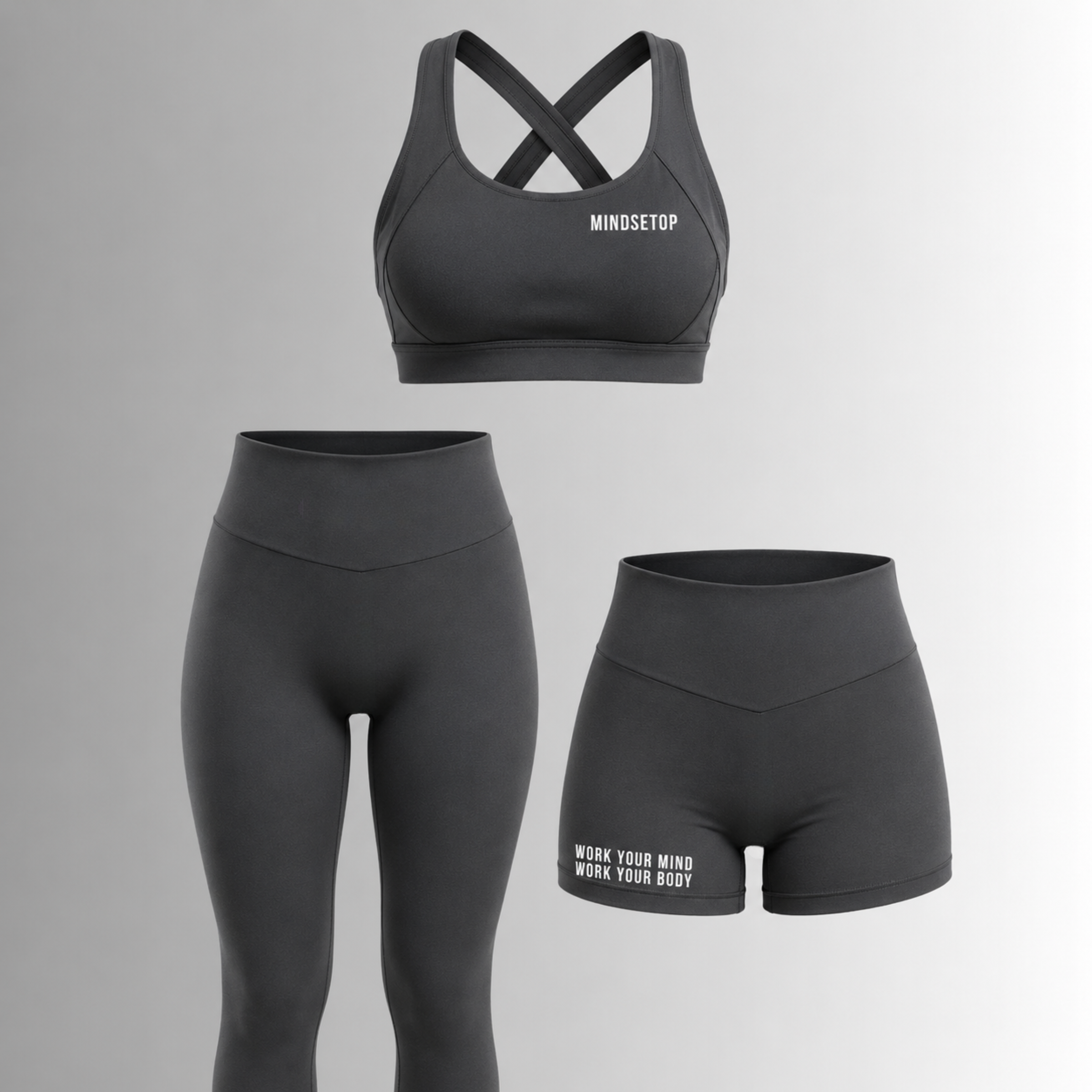 MINDSETOP DARK GRAY SET: BRA SHORTS LEGGINGS (3PCS)